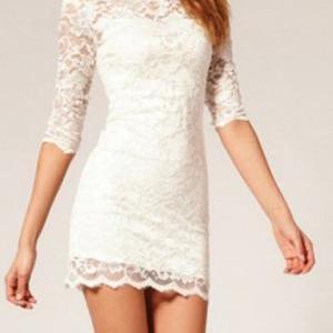 ! White Lace Three Quarter Sleeve Dress