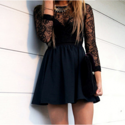 !! Black Lace Hollow Backless Dress