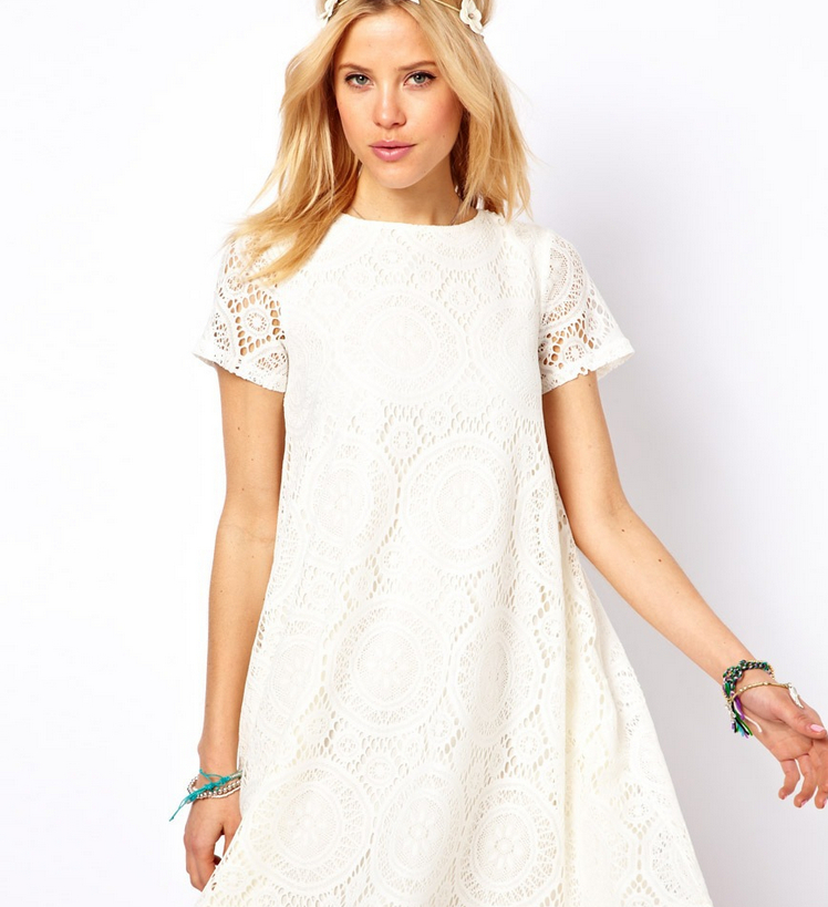 Loose Short Sleeved Lace A Word Priming Skirt on Luulla