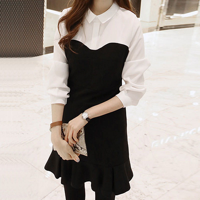 Korean Version Of Black And White One-piece Temperament Seven Quarter Sleeve False Two Piece Suit Fishtail Dress Fabric: Chiffon Fgdd