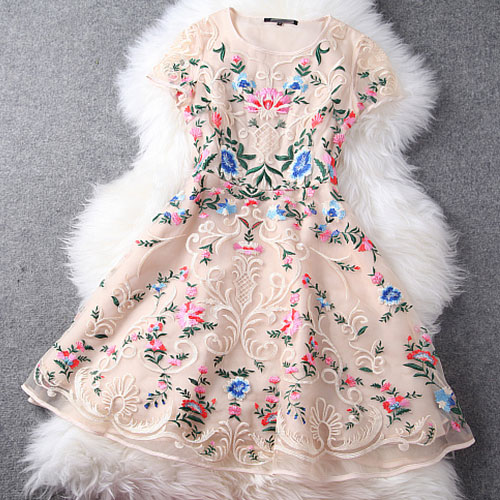 Mixed Color Flower Embroidery Cap Sleeve Bodycon Skater Dress Mklj